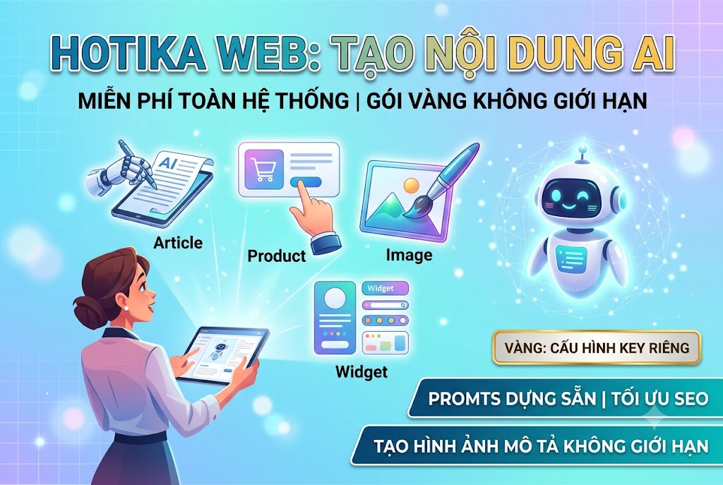Giao diện tạo bài viết chuẩn SEO bằng AI trên Hotika Web", "Chức năng tạo hình ảnh bằng mô tả không giới hạn của Hotika