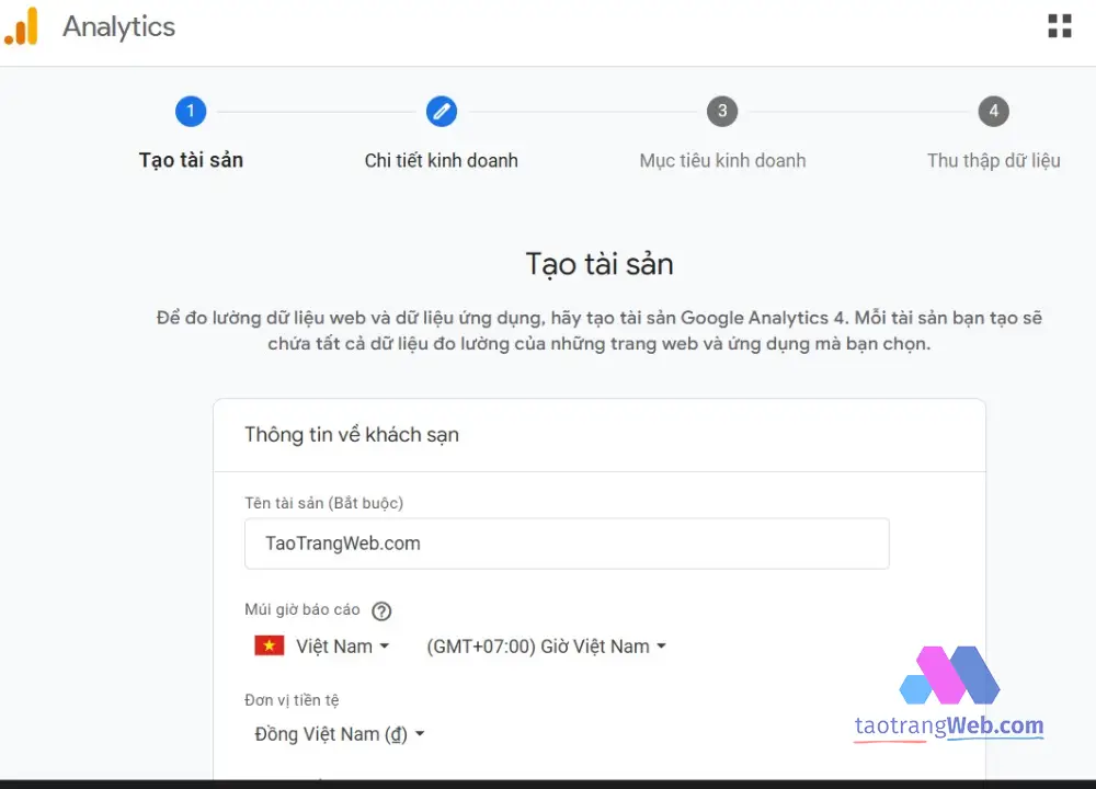 Tạo tài sản Google Analytics bước 1