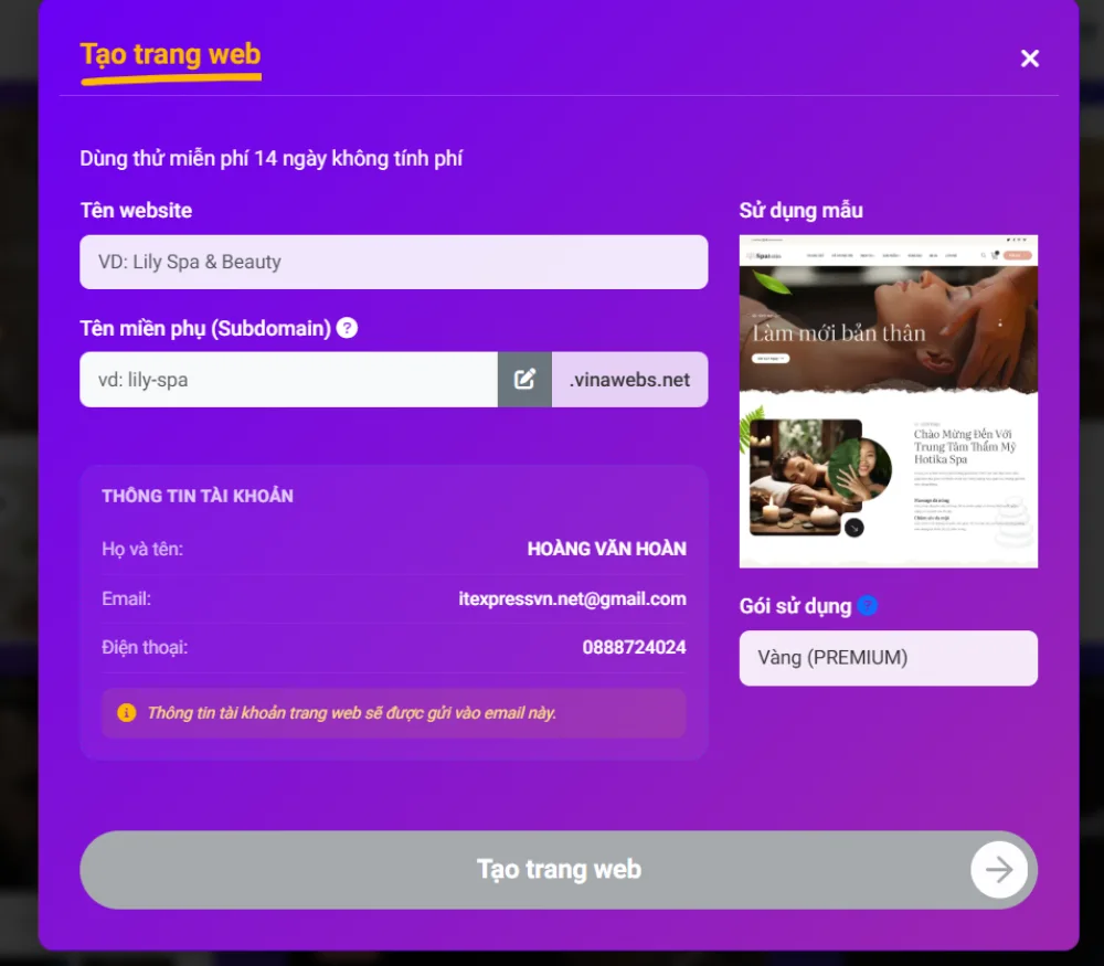 Bước 2: Tạo trang web với 3 bước đơn giản (Nhập tên trang web)